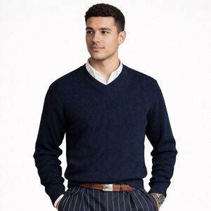 Polo Ralph Lauren Men's Navy V Neck Ribbed Knit Sweater Pullover XL